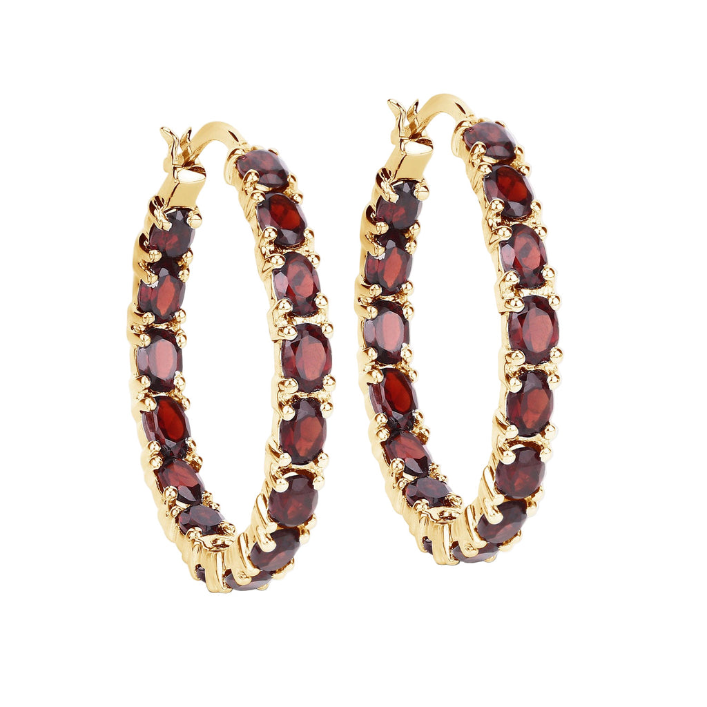 Crimson Inferno Hoop Earrings - 6.00 Carat Genuine Garnet - 14K Yellow Gold Plated .925 Sterling Silver Earrings
