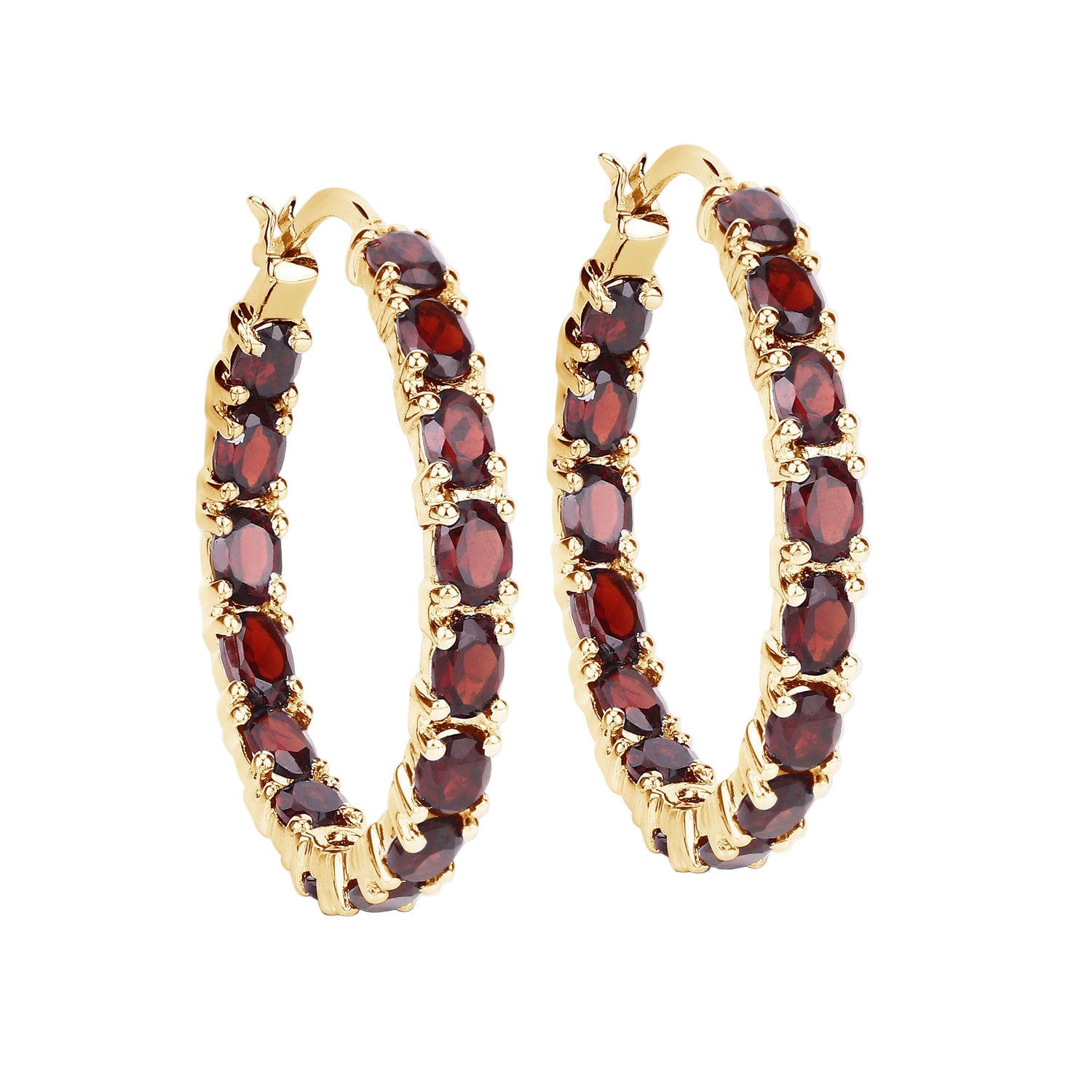 Crimson Inferno Hoop Earrings - 6.00 Carat Genuine Garnet - 14K Yellow Gold Plated .925 Sterling Silver Earrings