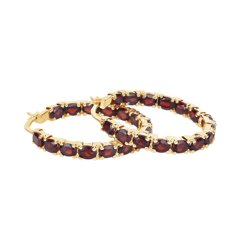 Crimson Inferno Hoop Earrings - 6.00 Carat Genuine Garnet - 14K Yellow Gold Plated .925 Sterling Silver Earrings