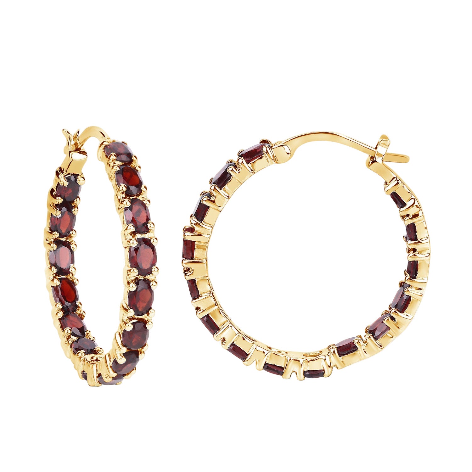 Crimson Inferno Hoop Earrings - 6.00 Carat Genuine Garnet - 14K Yellow Gold Plated .925 Sterling Silver Earrings