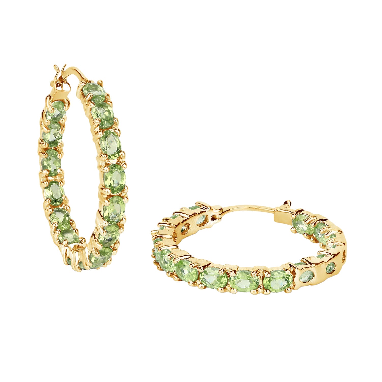 Verdant Glow Peridot Hoop Earrings - 5.10 Carat Genuine Peridot - 14k Yellow Gold Plated .925 Sterling Silver Earrings