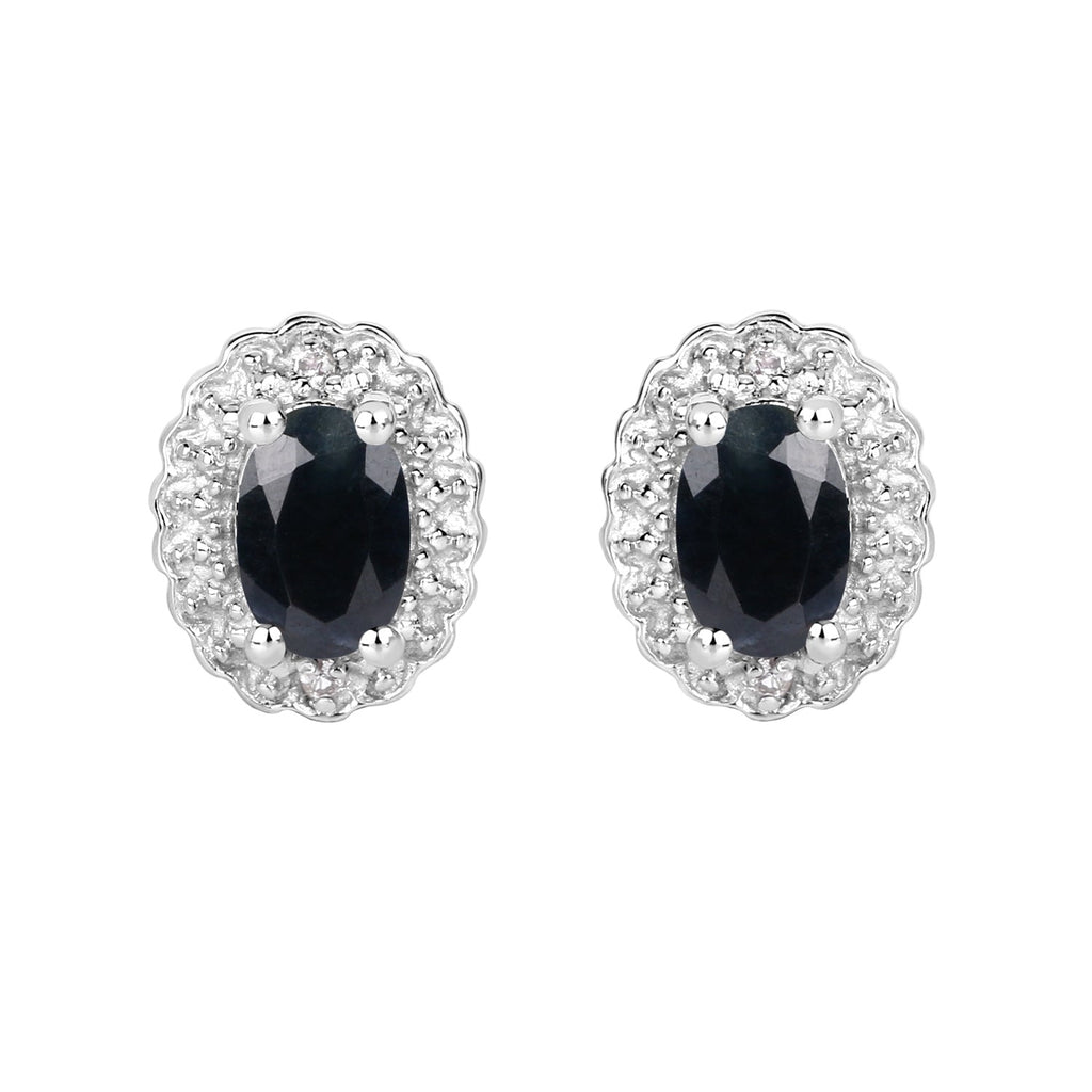 Midnight Majesty Oval Sapphire Halo Stud Earrings - 0.98 Carat Genuine Blue Sapphire & White Topaz - .925 Sterling Silver Earrings