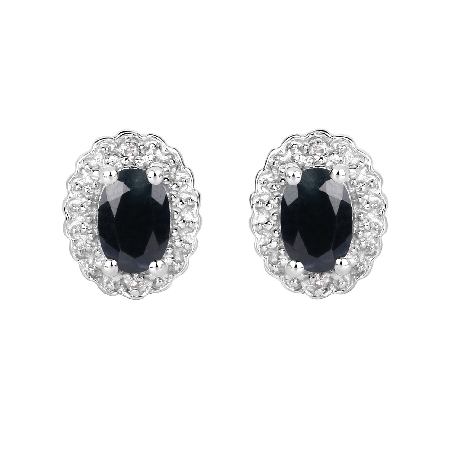 Midnight Majesty Oval Sapphire Halo Stud Earrings - 0.98 Carat Genuine Blue Sapphire & White Topaz - .925 Sterling Silver Earrings