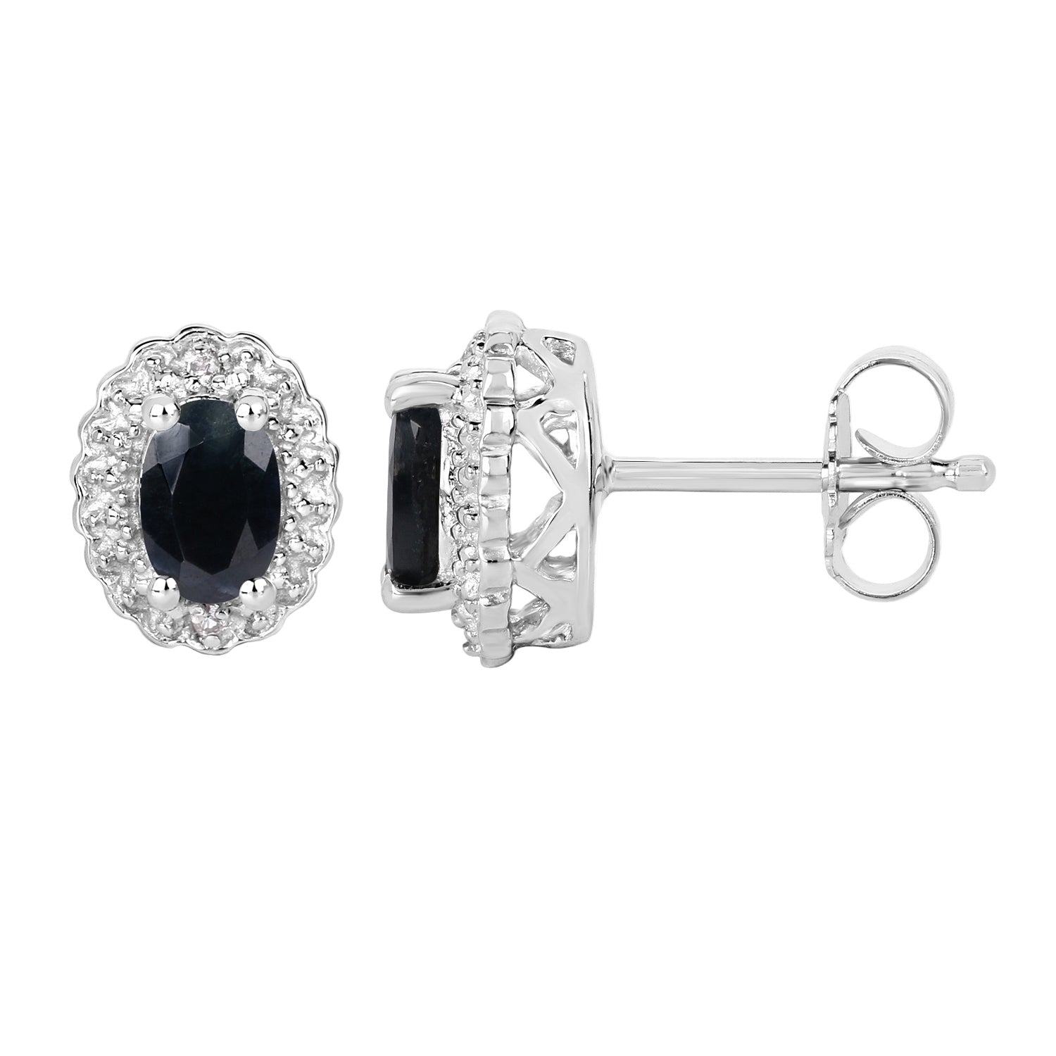 Midnight Majesty Oval Sapphire Halo Stud Earrings - 0.98 Carat Genuine Blue Sapphire & White Topaz - .925 Sterling Silver Earrings