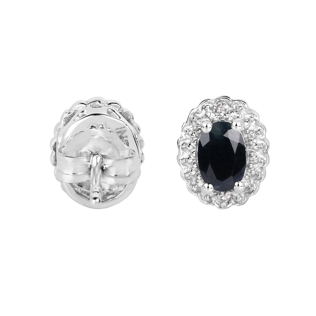 Midnight Majesty Oval Sapphire Halo Stud Earrings - 0.98 Carat Genuine Blue Sapphire & White Topaz - .925 Sterling Silver Earrings