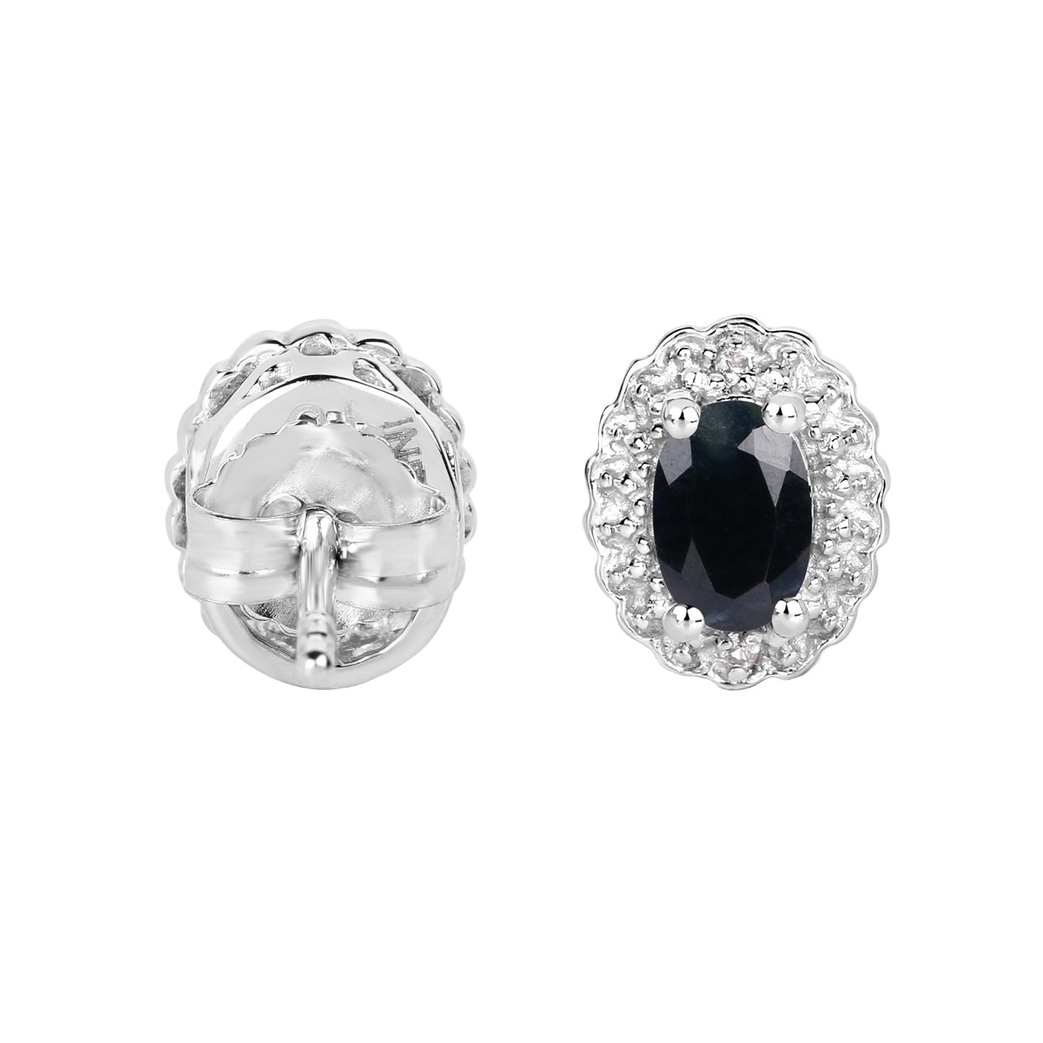 Midnight Majesty Oval Sapphire Halo Stud Earrings - 0.98 Carat Genuine Blue Sapphire & White Topaz - .925 Sterling Silver Earrings